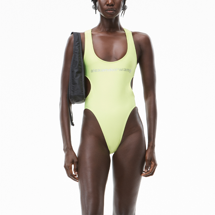 Shop (Women) Alexander Wang Crystal Logo Cut-Out Swimsuit Yellow One-Piece 1CC3218066-733