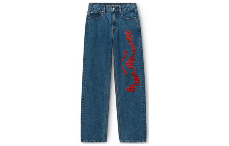 Order (W) Alexander Wang Ez Wavy Logo Jeans Mid-Waist Straight-Leg Biru Denim. 4DC1244222-401