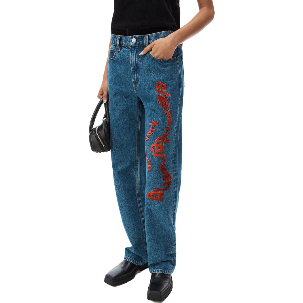 Purchase (W) Alexander Wang Ez Wavy Logo Jeans Mid-Waist Straight-Leg Biru Denim. 4DC1244222-401