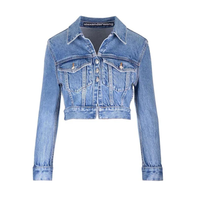 (Women) Alexander Wang Faded Button-Up Cropped Denim Jacket Women’s Blue Long Sleeve 4DC1242212-482A