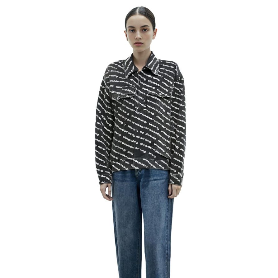 Cheap (Women) Alexander Wang FW20 Logo Print Asymmetric Denim Biker Jacket 4DC1212888-060