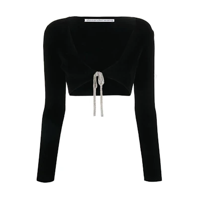 (Women) Alexander Wang FW22 Black Crystal Embellished Knitted Cropped Cardigan. 1KC1233033-001