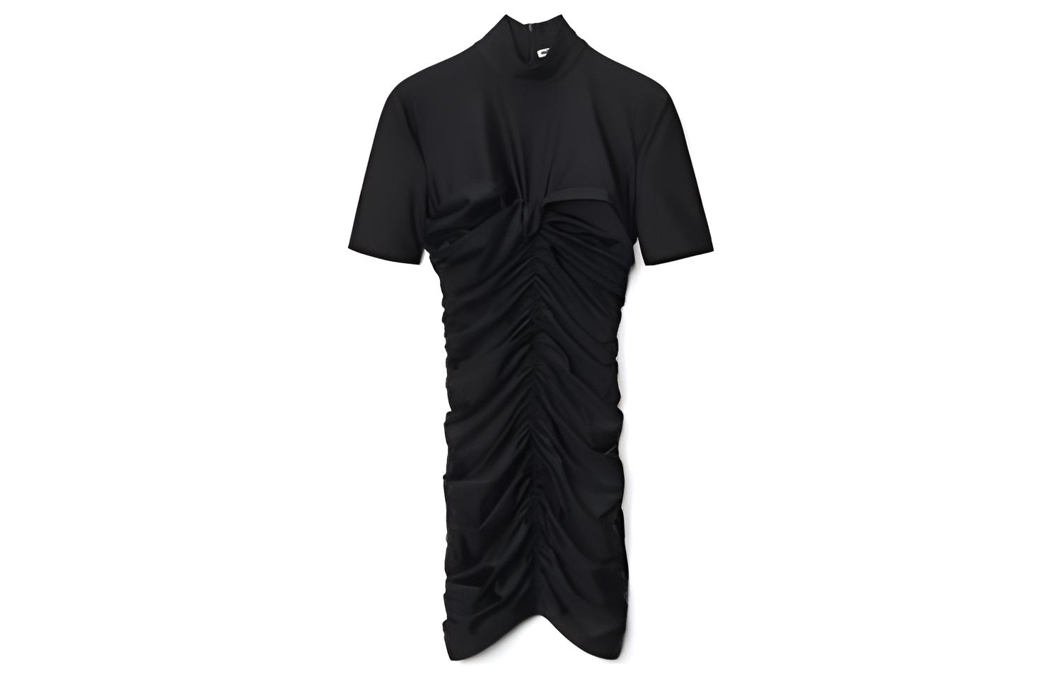 (Women) Alexander Wang FW22  Black Ruched Fitted Casual Crewneck Short Sleeve Dress 4CC3226193-001