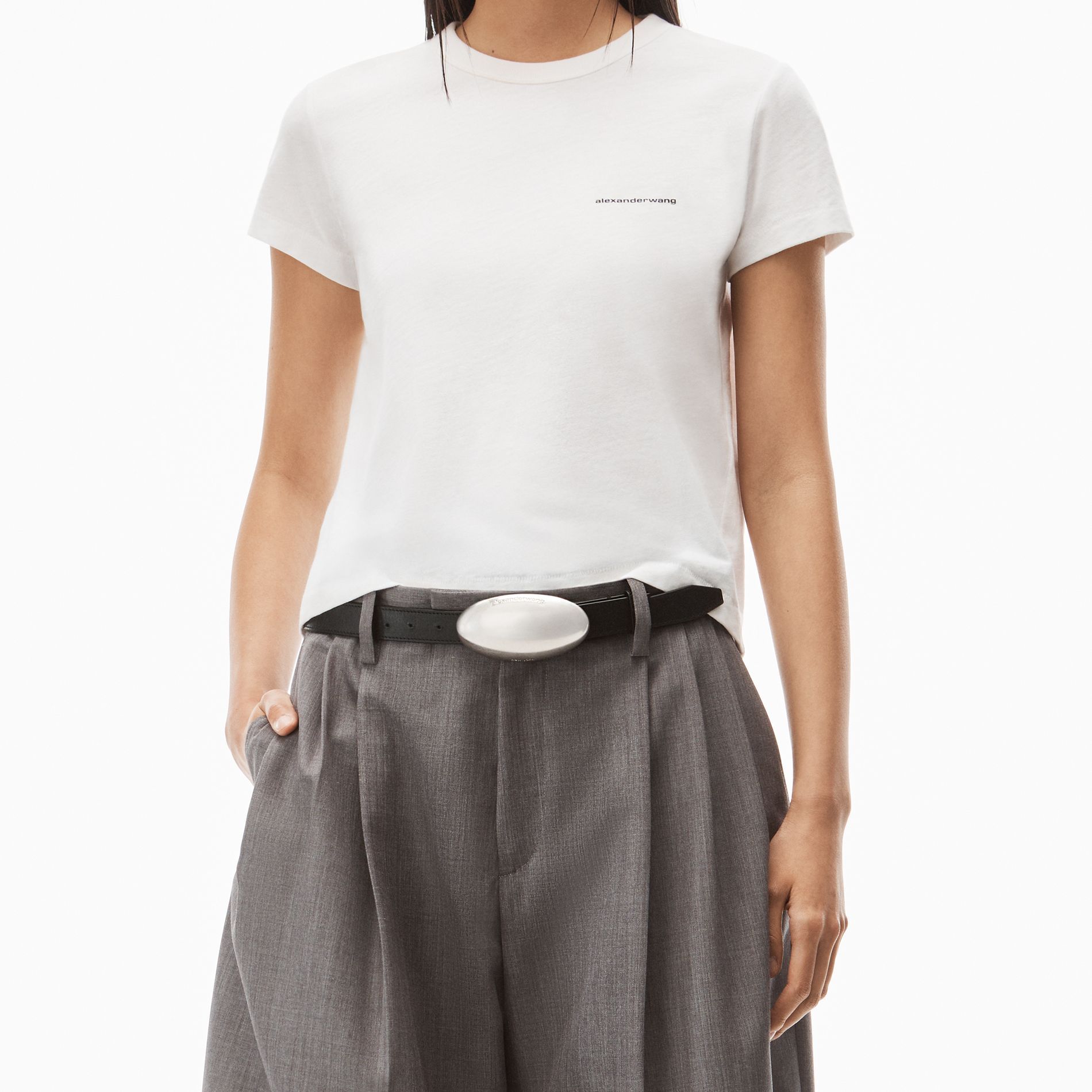 Sizing (W) Alexander Wang FW22 Camiseta Blanca Estampado Letras Cuello Redondo 1CC2221634-100