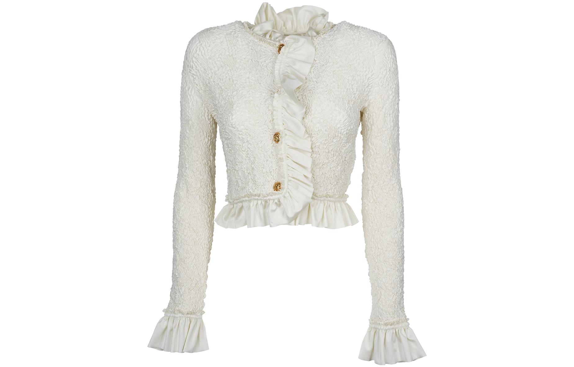 (Women) Alexander Wang FW22  White Ruched Ruffle Cropped Slim Jacket Long Sleeve 1CC32-2237-2120