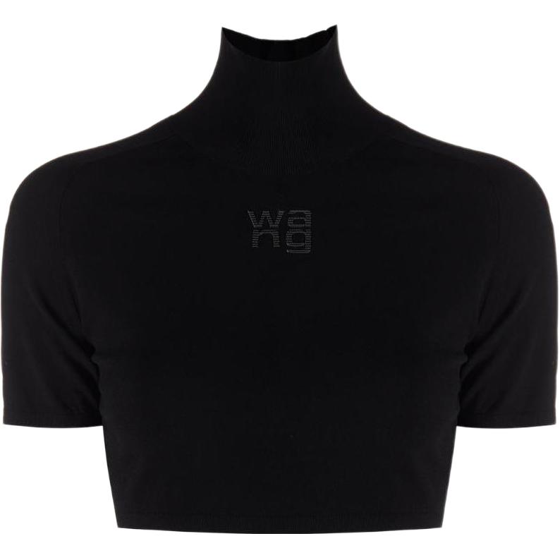 (Women) Alexander Wang FW22 Black Logo Embossed Cropped Turtleneck Short Sleeve Sweater Women 4KC1231034-001