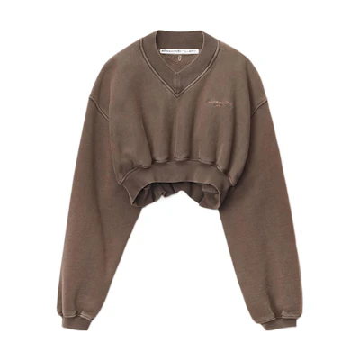 (Women) Alexander Wang FW22 Brown Embroidered Logo V-Neck Cropped Sweatshirt 1CC4211507-205