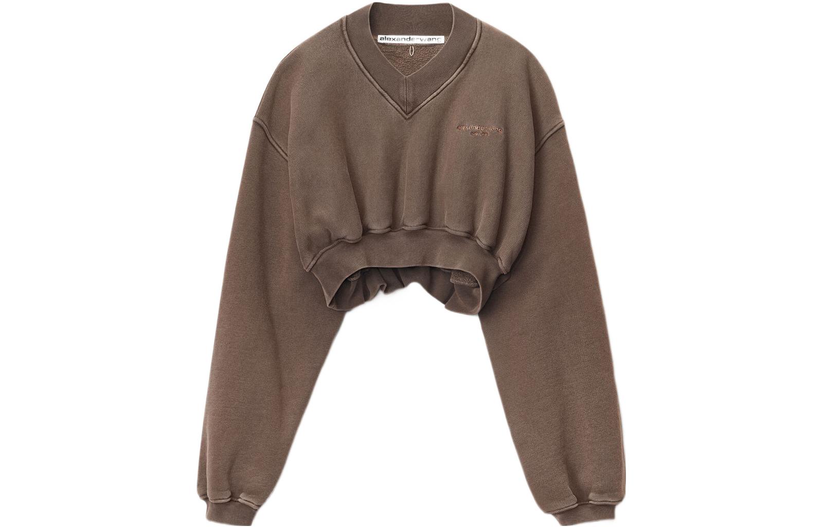 Order (W) Alexander Wang FW22 Coklat Sweatshirt Pendek V-Leher Logo Sulaman 1CC4211507-205