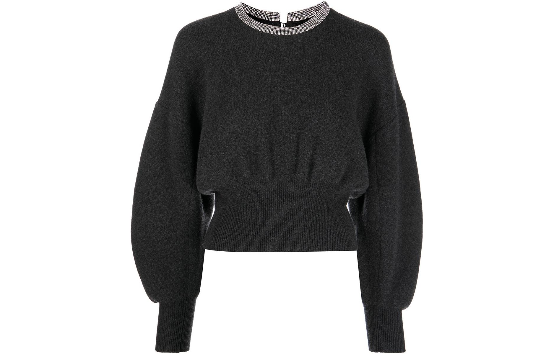 (Women) Alexander Wang FW22 Crystal Neck Pullover Crewneck Puff Sleeve Sweater  Dark Gray 1KC4211053-010
