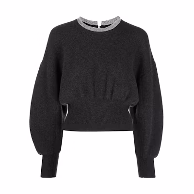 (Women) Alexander Wang FW22 Crystal Neck Pullover Crewneck Puff Sleeve Sweater Dark Gray 1KC4211053-010