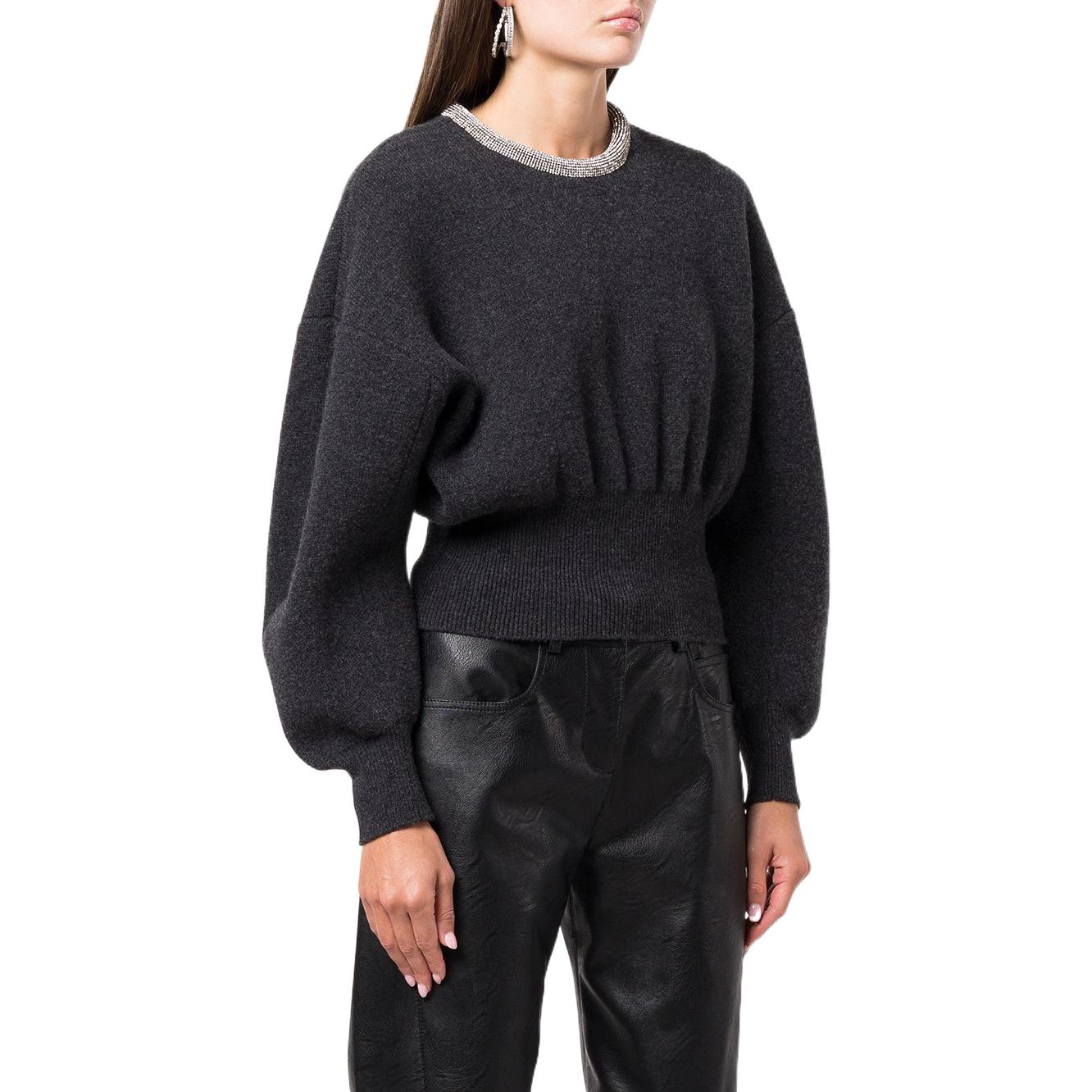 Shop (Women) Alexander Wang FW22 Crystal Neck Pullover Crewneck Puff Sleeve Sweater  Dark Gray 1KC4211053-010