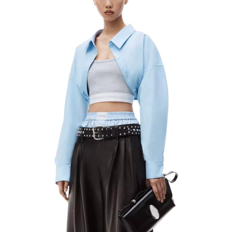 Lookbook (Women) Alexander Wang FW23  Cropped Long-Sleeve Shirt Teal Blue. 4WC4231417-423