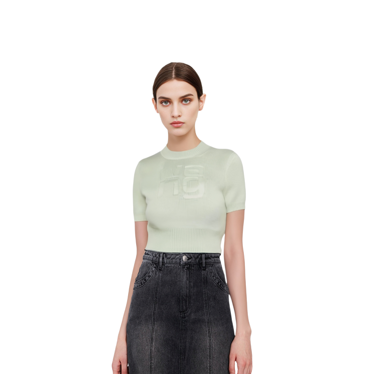 Lookbook (W) Alexander Wang FW23 Crewneck Sweater Rajut Oversized Hijau dengan Letter Print 4KC4231021-339