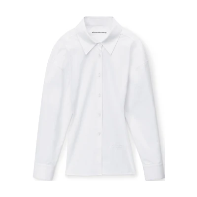 (Women) Alexander Wang FW23 White Cotton Cinched Button-Up Shirt with Ribbed Trim 1WC1241869-100