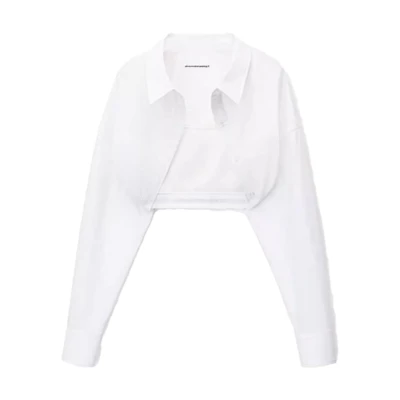 (Women) Alexander Wang FW23 White Cropped Long-Sleeve Shirt 4WC4231417-100