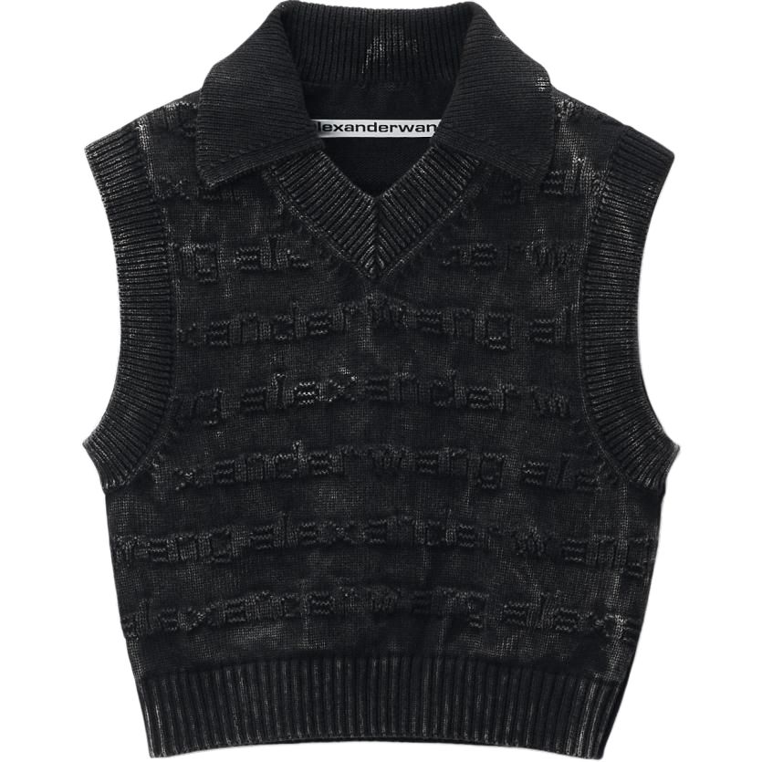 (Women) Alexander Wang FW24  Black Ribbed Logo V-Neck Knit Vest 1KC3241058015B