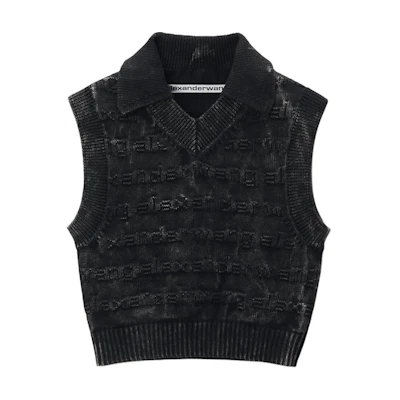 (Women) Alexander Wang FW24 Black Ribbed Logo V-Neck Knit Vest 1KC3241058015B