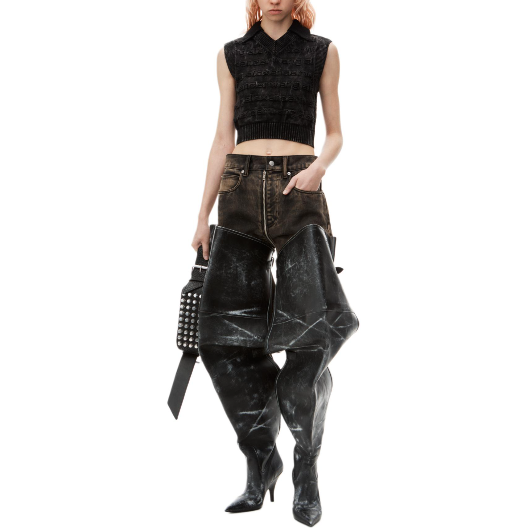 Lookbook (W) アレキサンダー ワン FW24 ブラック リブ ロゴ Vネック ニット ベスト 1KC3241058015B