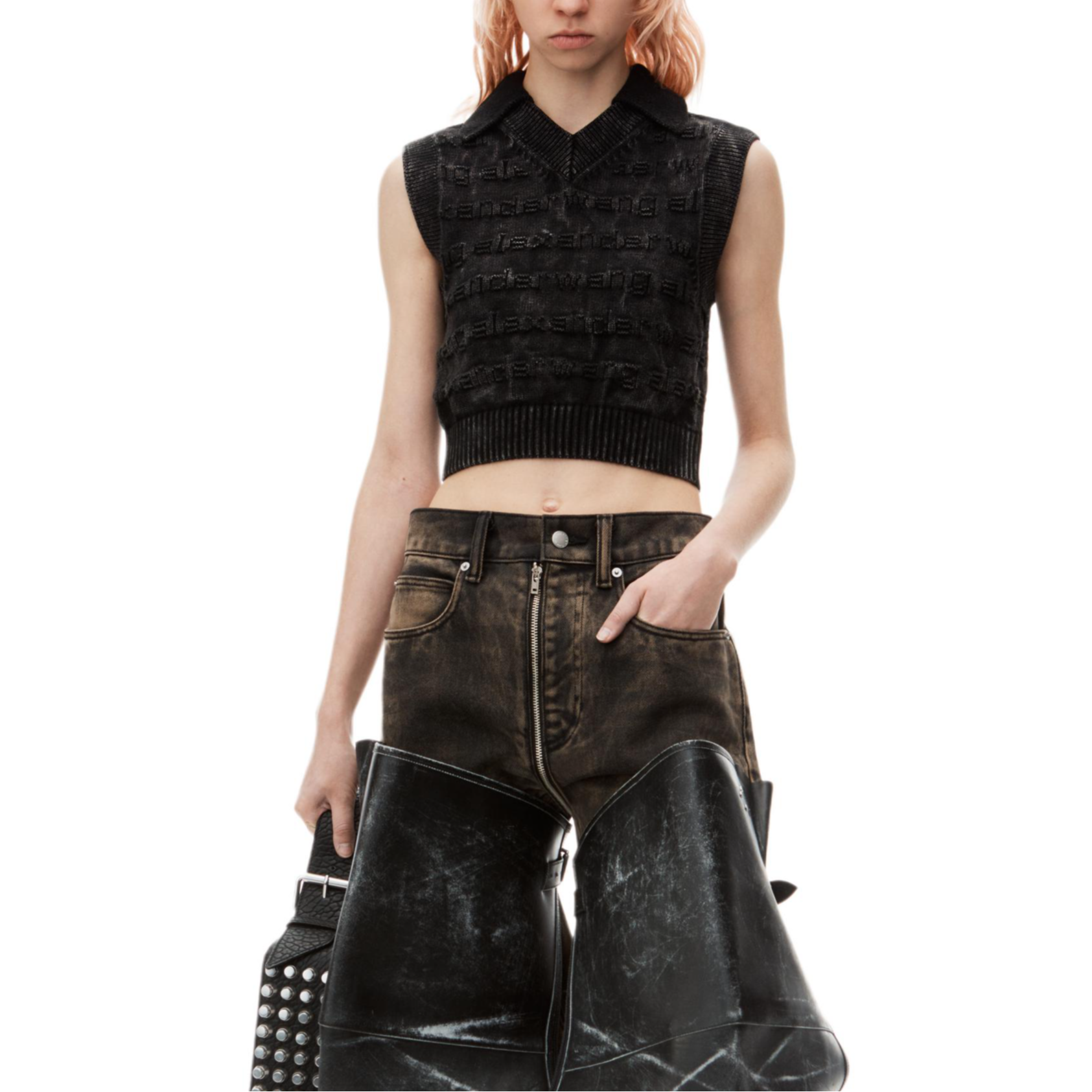 Purchase (W) アレキサンダー ワン FW24 ブラック リブ ロゴ Vネック ニット ベスト 1KC3241058015B