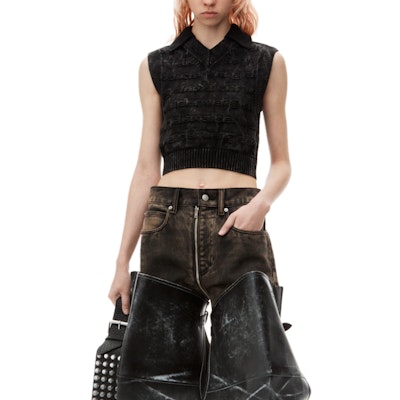 (W) アレキサンダー ワン FW24 ブラック リブ ロゴ Vネック ニット ベスト 1KC3241058015B Purchase (W) アレキサンダー ワン FW24 ブラック リブ ロゴ Vネック ニット ベスト 1KC3241058015B