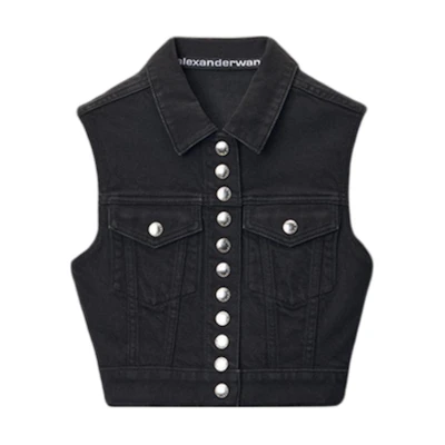 (Women) Alexander Wang FW24 Black Slim Fit Denim Biker Vest. 4DC4241506011