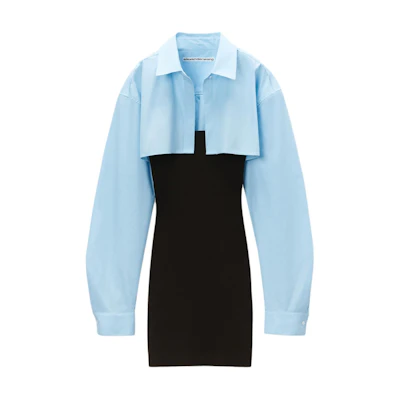 (Women) Alexander Wang FW24 Blue/Black Ribbed Crop Top and Mini Dress Shirt Set 1KC3246062986