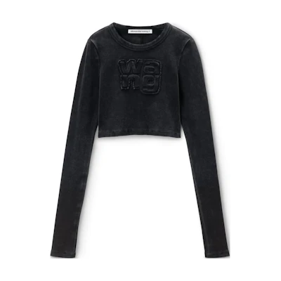 (Women) Alexander Wang FW24 Cropped Long Sleeve Slim Fit Logo T-Shirt Black 4CC3241474027A