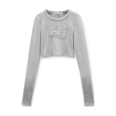 (Women) Alexander Wang FW24 Cropped Slim-Fit Logo Long-Sleeve Tee Light Grey 4CC3241474034A