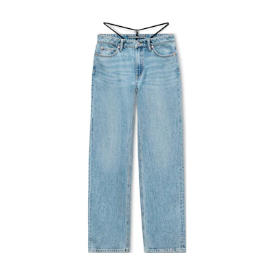 (Women) Alexander Wang FW24 Light Blue Mid-Rise Logo Denim Jeans Comfortable Fit 4DC3244408471A