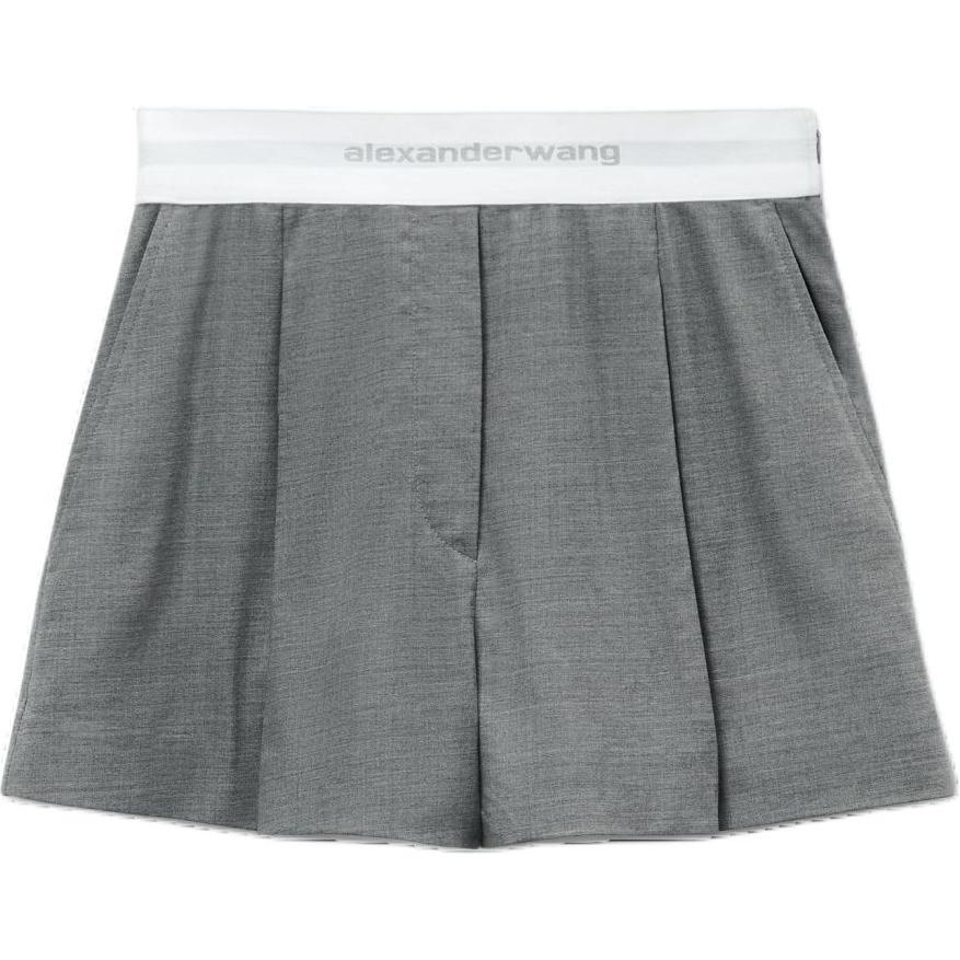 (Women) Alexander Wang FW24  Light Grey High-Waisted Logo Pleated Casual Shorts. 1WC3244747050