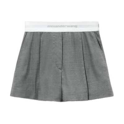 (Women) Alexander Wang FW24 Light Grey High-Waisted Logo Pleated Casual Shorts. 1WC3244747050