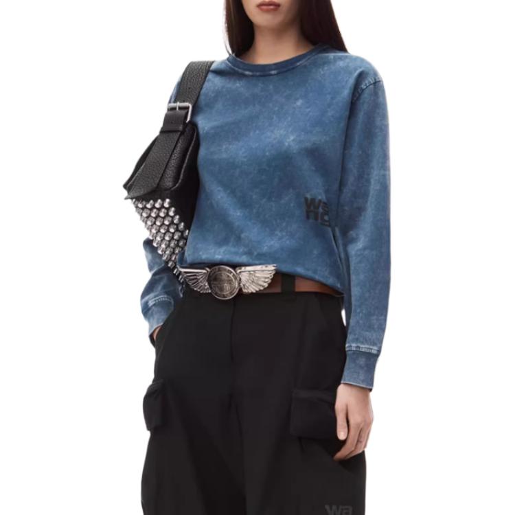 Purchase (Women) Alexander Wang FW24  Logo Crewneck Long Sleeve T-Shirt Acid Wash Black/Ice. 4CC3241519424A