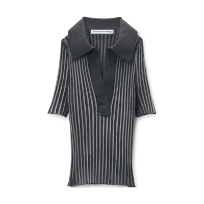 (Women) Alexander Wang FW24 Ribbed Knit Short Sleeve Polo Shirt Grey. 4KC3241022010
