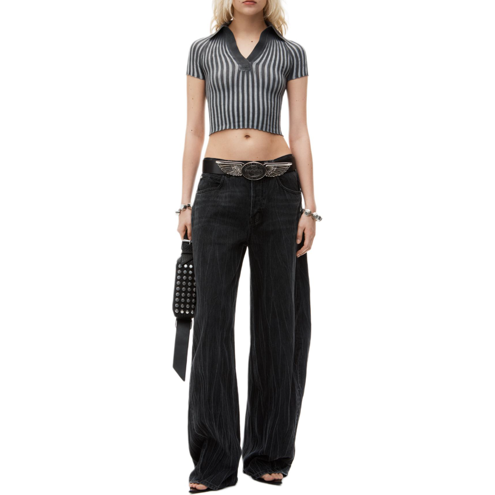 Lookbook (Women) Alexander Wang FW24  Ribbed Knit Short Sleeve Polo Shirt Grey. 4KC3241022010