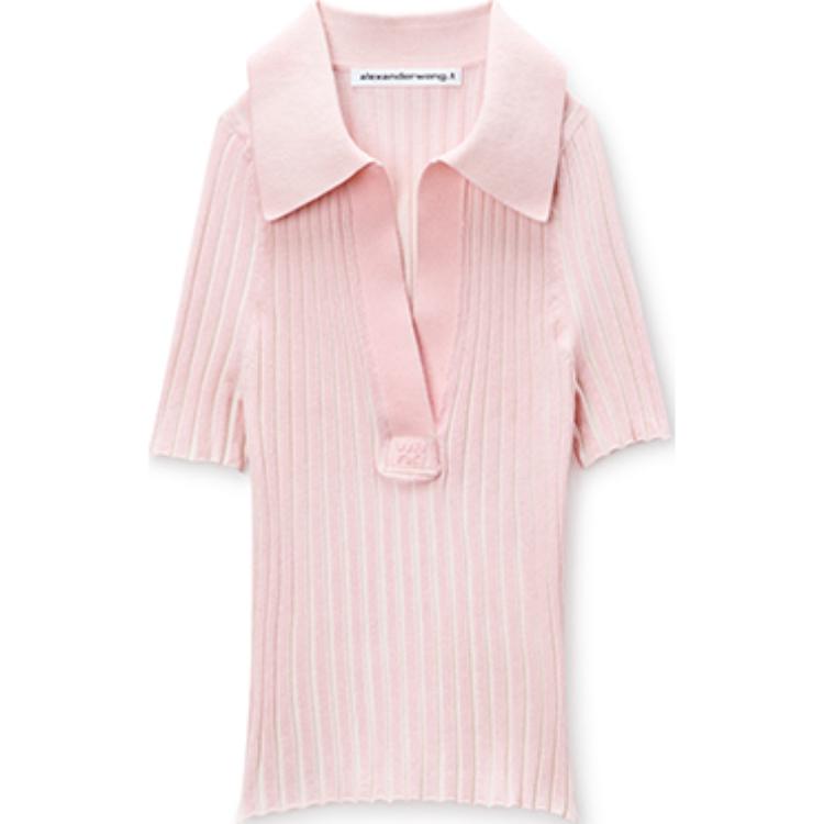 (Women) Alexander Wang FW24  Striped Slim Fit Short Polo Shirt Ballet Pink. 4KC3241022684A