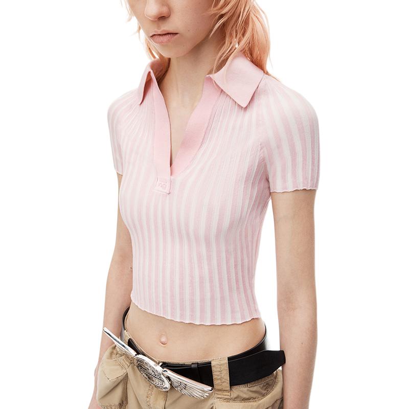 Purchase (Women) Alexander Wang FW24  Striped Slim Fit Short Polo Shirt Ballet Pink. 4KC3241022684A
