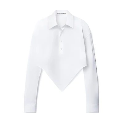 (Women) Alexander Wang FW24 White Cropped Pointed Hem Long Sleeve Shirt 1WC4241943100