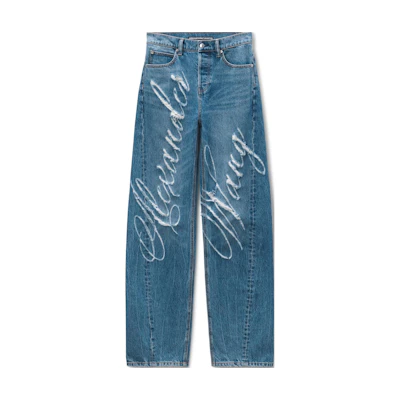 (Women) Alexander Wang FW24 Blue Laser Distressed Logo Print Denim Jeans Women 4DC3244412473