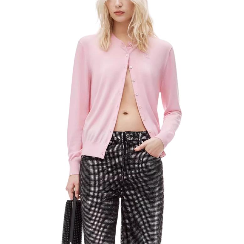 (Women) Alexander Wang FW24 Embossed Logo Long Sleeve Knit Sweater Women’s Pink Lace 4KC3243017-Pink