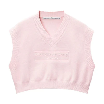 (Women) Alexander Wang FW24 Embossed Logo Slim V-Neck Cropped Tank Top Ballet Pink Women 1KC3241035684A