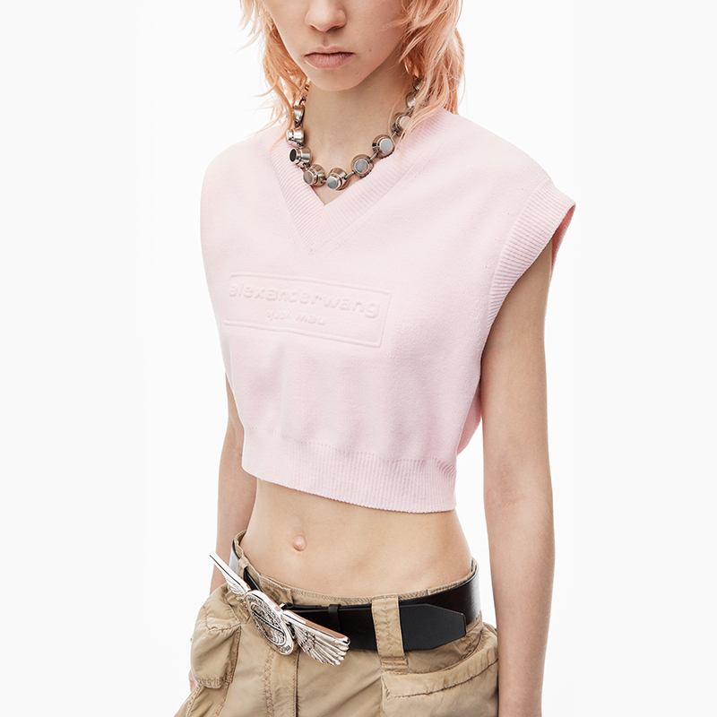 Details for (Women) Alexander Wang FW24 Embossed Logo Slim V-Neck Cropped Tank Top Ballet Pink Women 1KC3241035684A