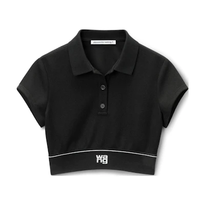 (Women) Alexander Wang FW24 Layered Logo Turtleneck Short-Sleeve Polo Shirt Women Black 4CC3241497001