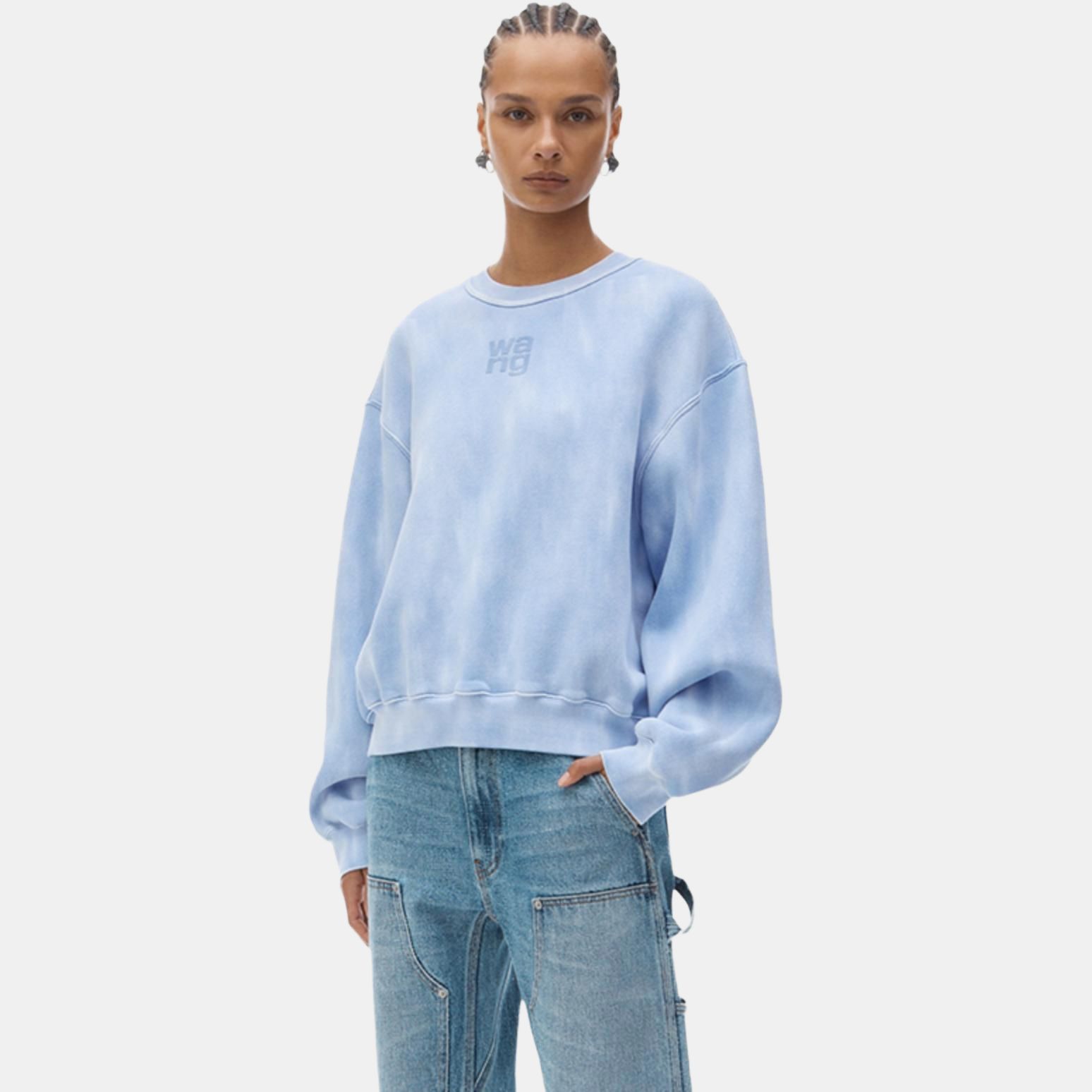 Lookbook (Women) Alexander Wang FW24 Logo Dyed Crewneck Fleece Sweatshirt Women Washed Light Blue 4CC3241518450B