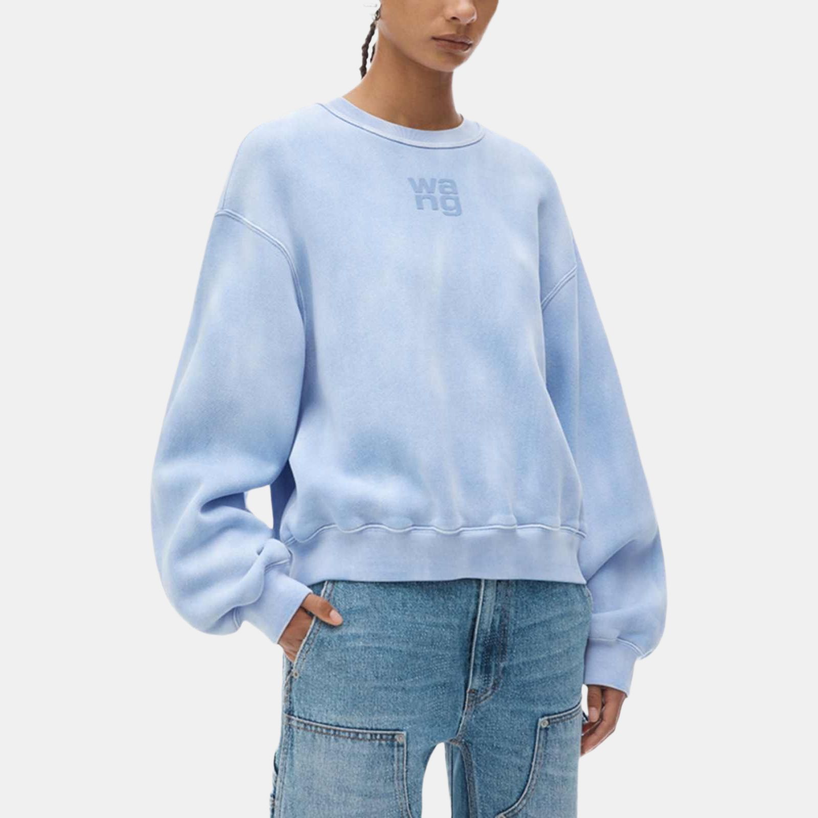 Shop (Women) Alexander Wang FW24 Logo Dyed Crewneck Fleece Sweatshirt Women Washed Light Blue 4CC3241518450B
