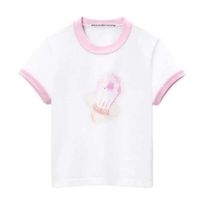 (Women) Alexander Wang FW24 Pattern Print Crewneck Short Sleeve T-Shirt Women White/Pink 1CC3241917972