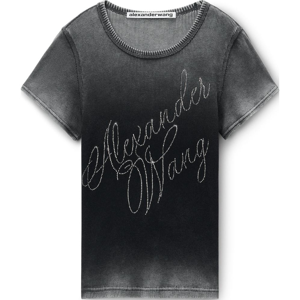 (Women) Alexander Wang FW24 Ribbed Knit Crystal Embellished Short Sleeve Tee Women Grey White 1CC3241920022A