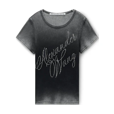 (Women) Alexander Wang FW24 Ribbed Knit Crystal Embellished Short Sleeve Tee Women Grey White 1CC3241920022A
