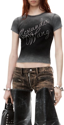 (W) 알렉산더 왕 FW24 여성 크리스탈 장식 리브 니트 반팔 티셔츠 그레이 화이트 1CC3241920022A Shop (W) 알렉산더 왕 FW24 여성 크리스탈 장식 리브 니트 반팔 티셔츠 그레이 화이트 1CC3241920022A