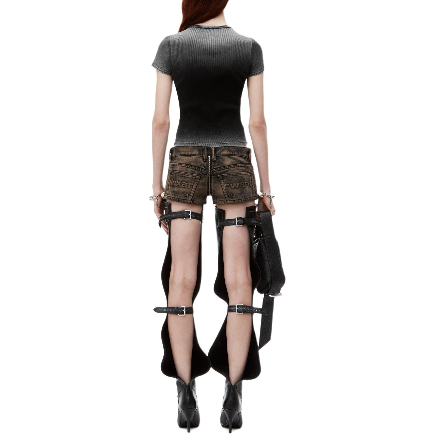 Purchase (W) 알렉산더 왕 FW24 여성 크리스탈 장식 리브 니트 반팔 티셔츠 그레이 화이트 1CC3241920022A