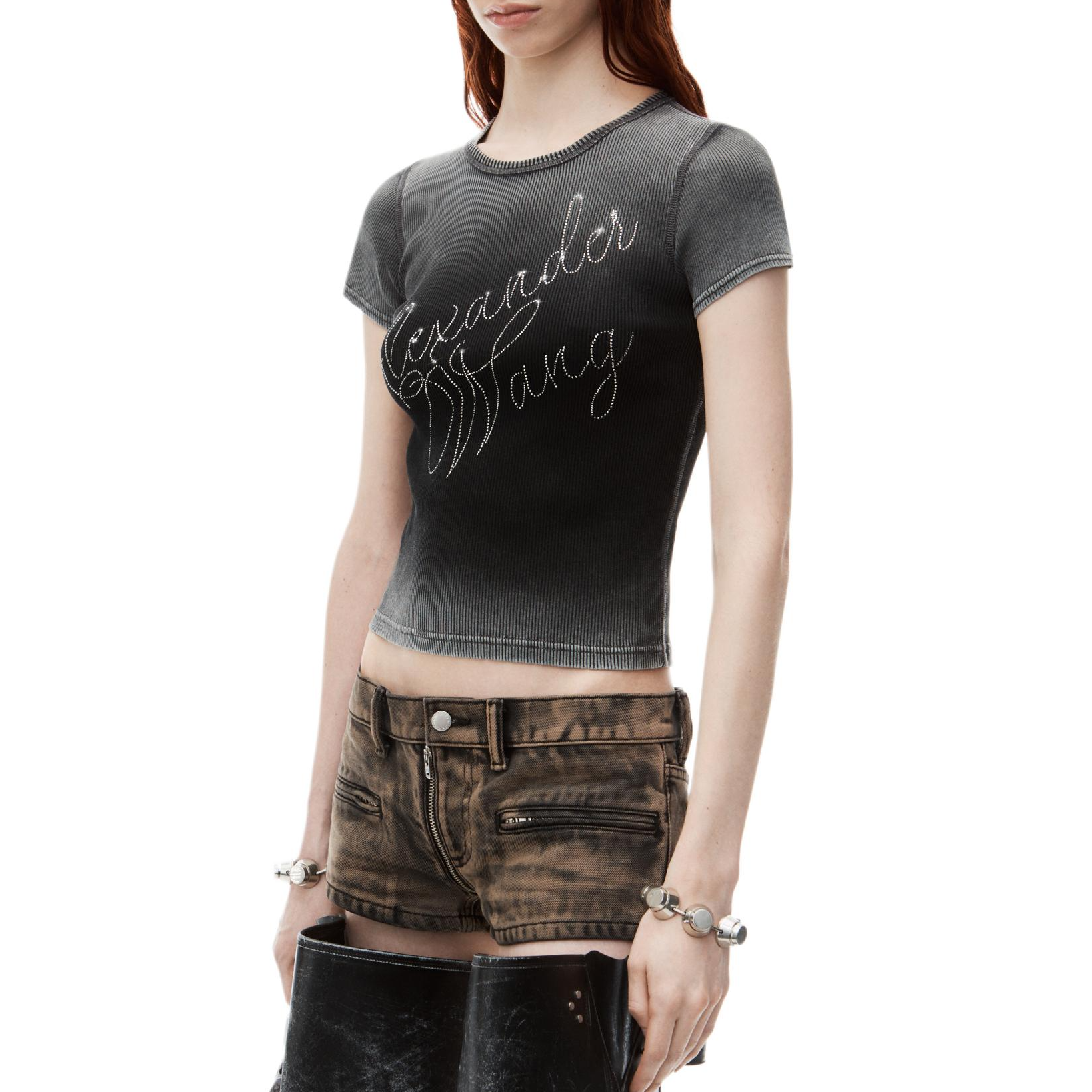 Details for (W) 알렉산더 왕 FW24 여성 크리스탈 장식 리브 니트 반팔 티셔츠 그레이 화이트 1CC3241920022A